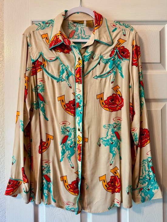 Wrangler Tops - Wrangler Beige Button-Down Shirt with Red Rose & Teal Western Motif